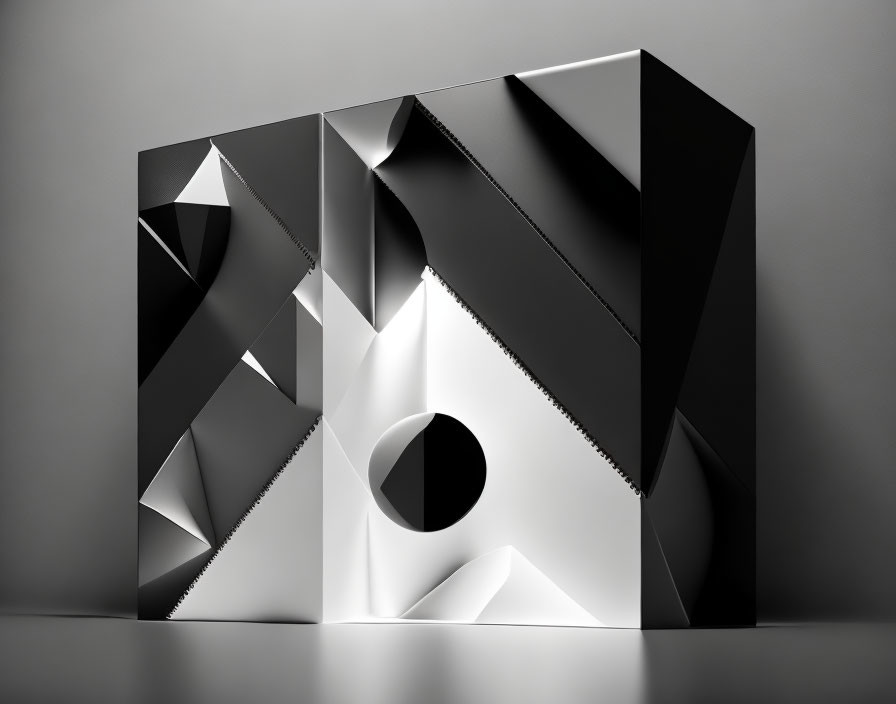 Reflective geometric sculpture: sharp angles, perfect circle, contrasting shadows.