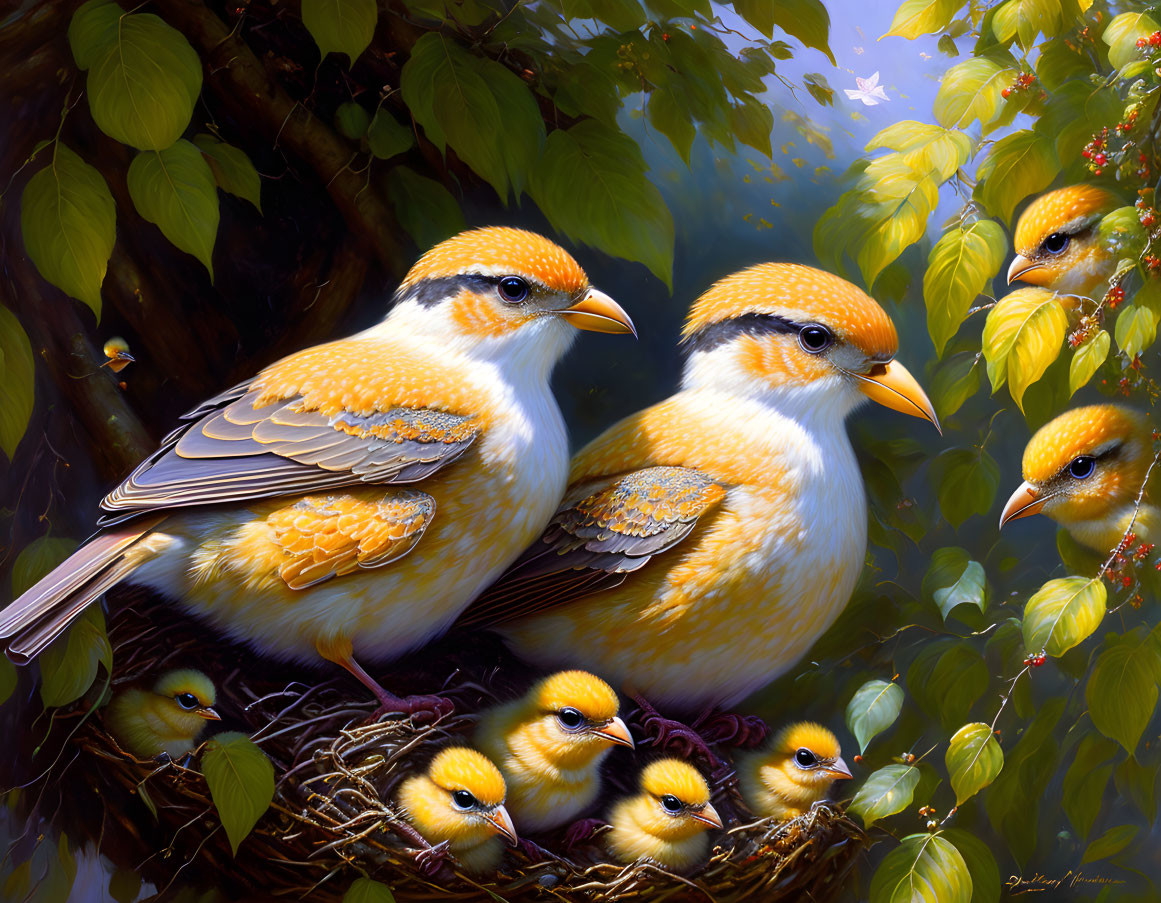 Adult birds with orange, white, and brown plumage beside nest with four chicks in green foliage.