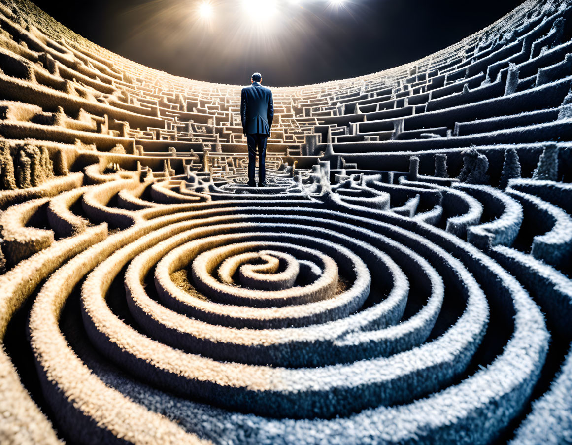 Man in suit at entrance of high-walled circular maze in dark ambiance