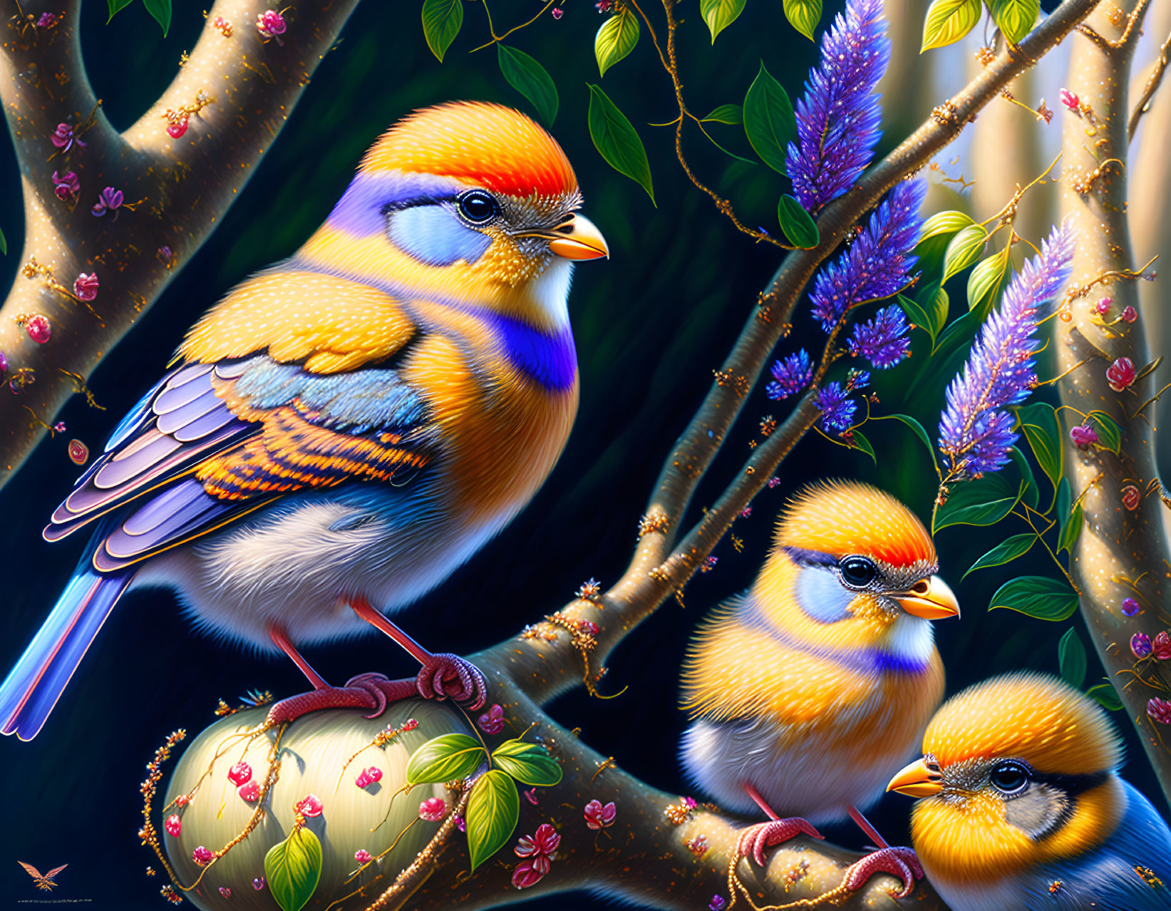 Colorful Birds on Flowering Branches with Detailed Plumage