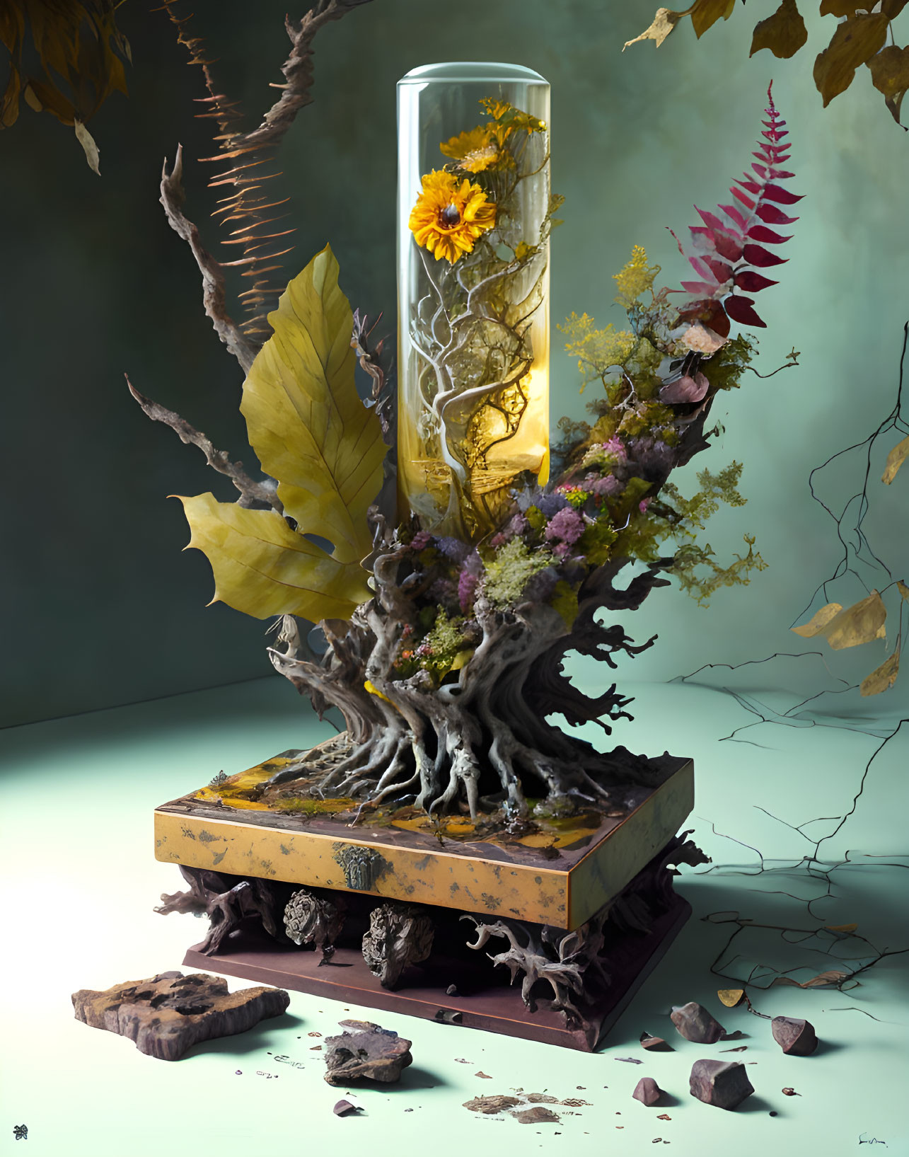 3D whimsical tree illustration with glass cylinder and flower on platform