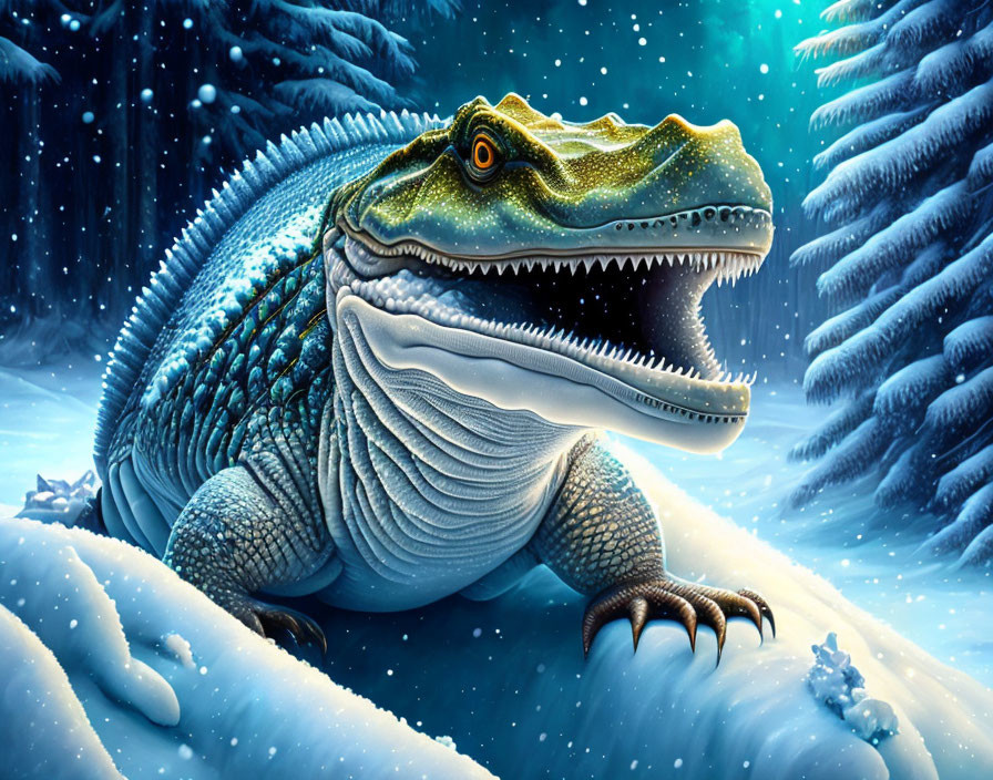 Colorful Dinosaur Artwork in Snowy Landscape