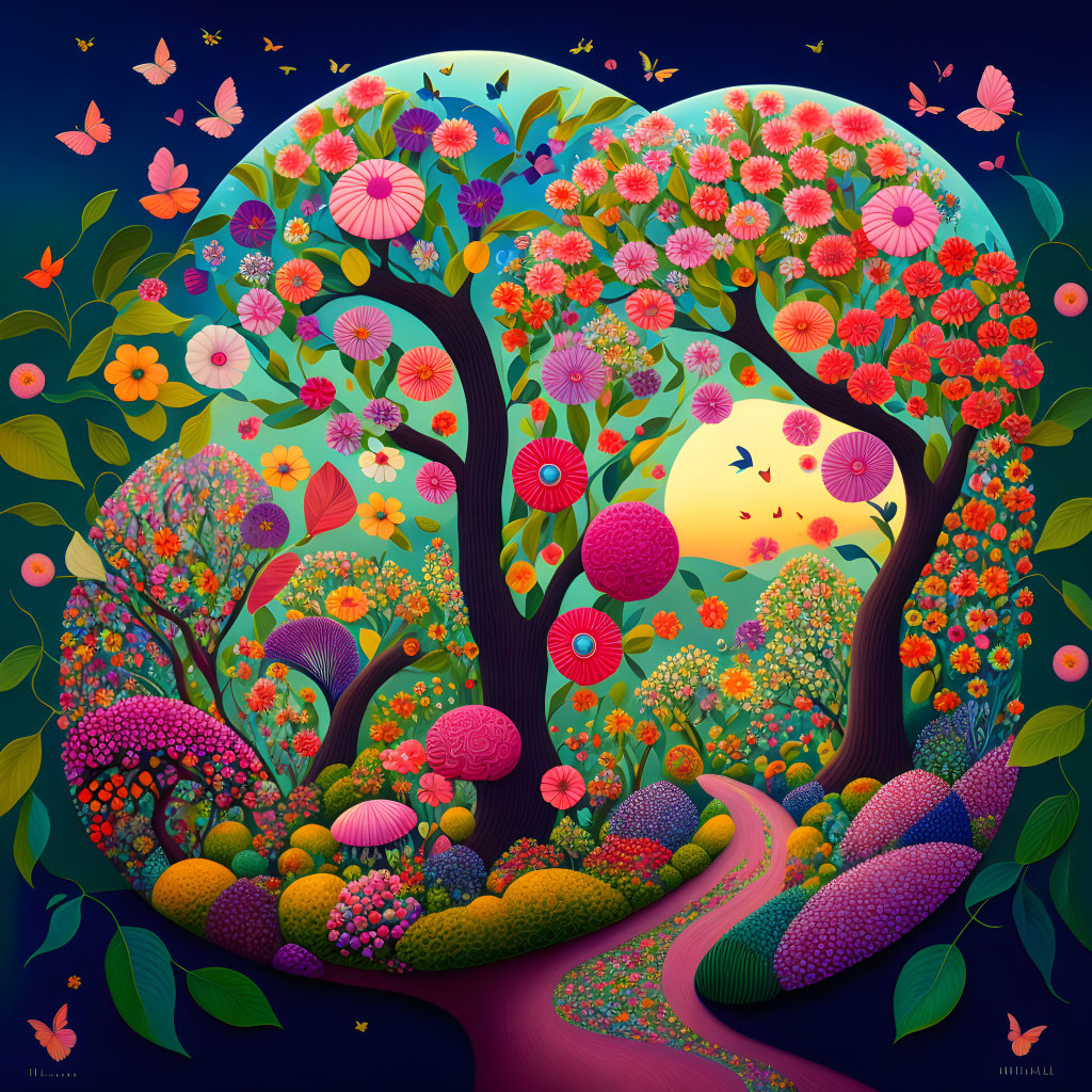 Whimsical garden illustration with colorful trees, flowers, and butterflies.