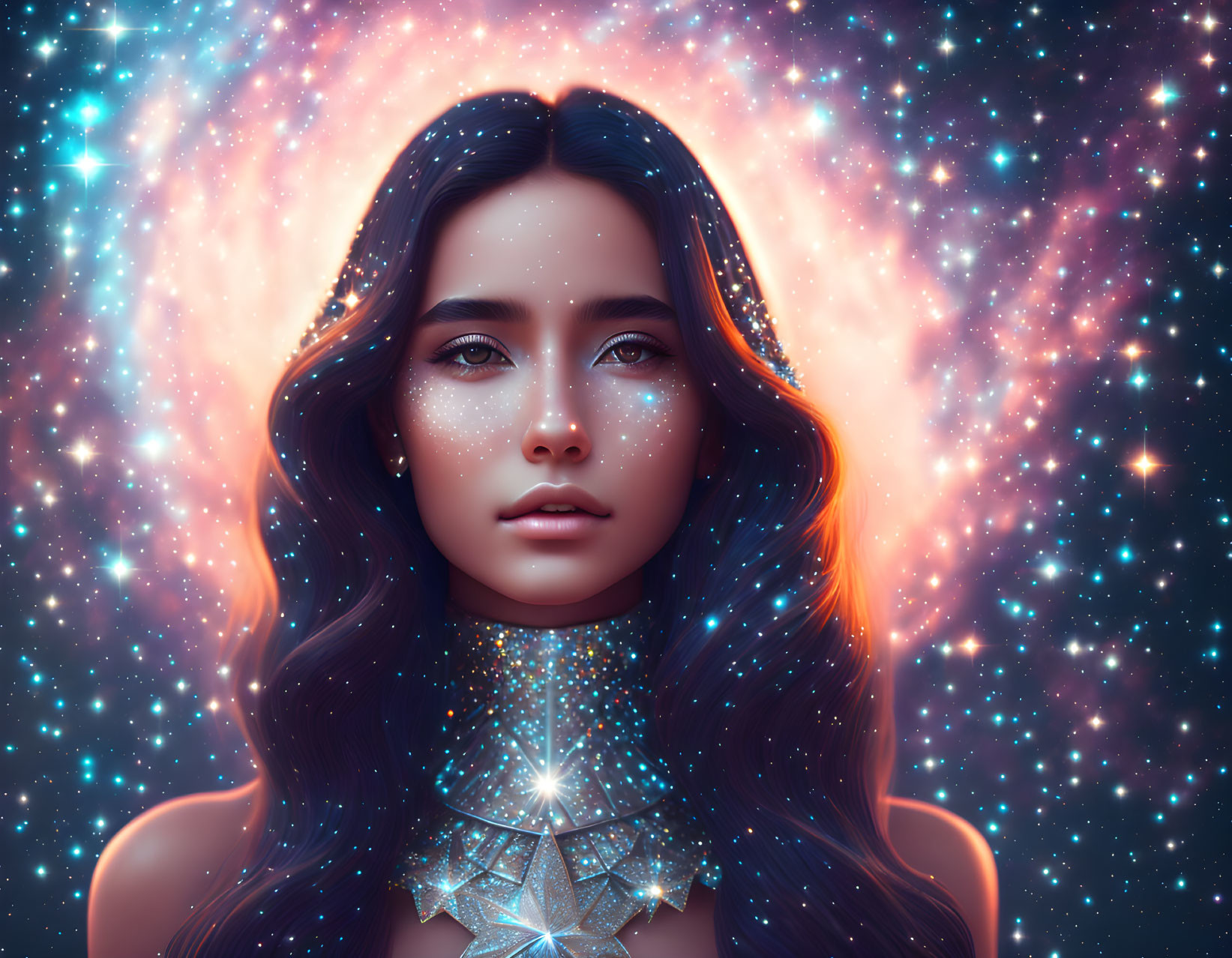 Cosmic-themed digital art portrait of a woman with starry hair and galaxy backdrop