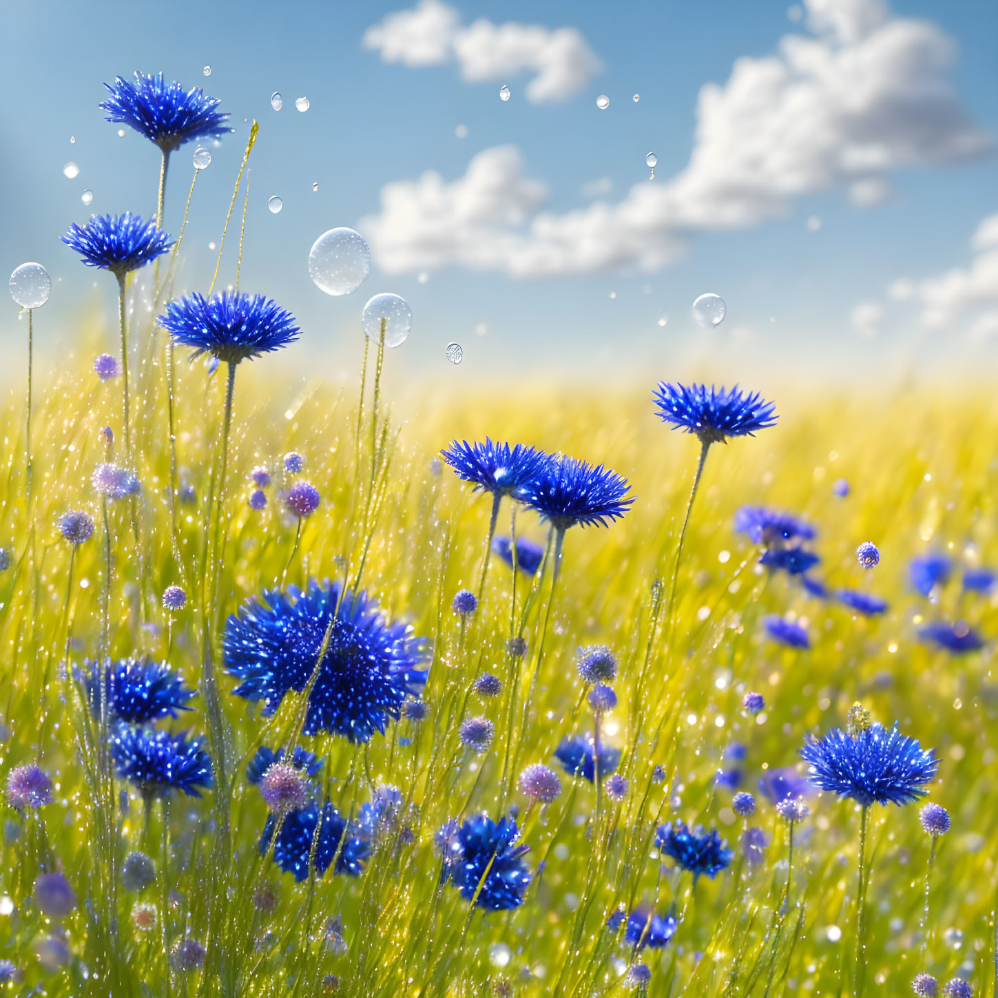 Blue Cornflowers in Green Grass with Dewdrops and Soap Bubbles