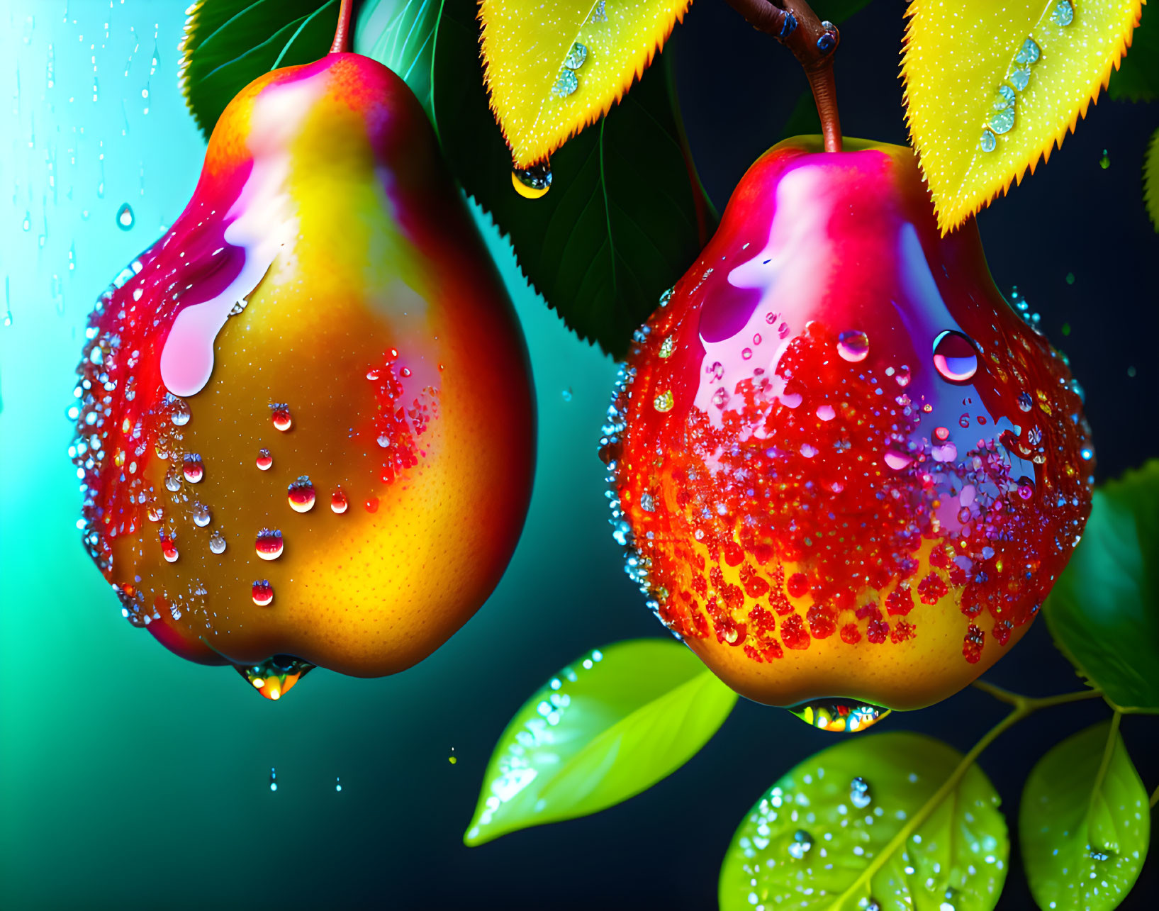 Vibrant pears with water droplets on blue-green background