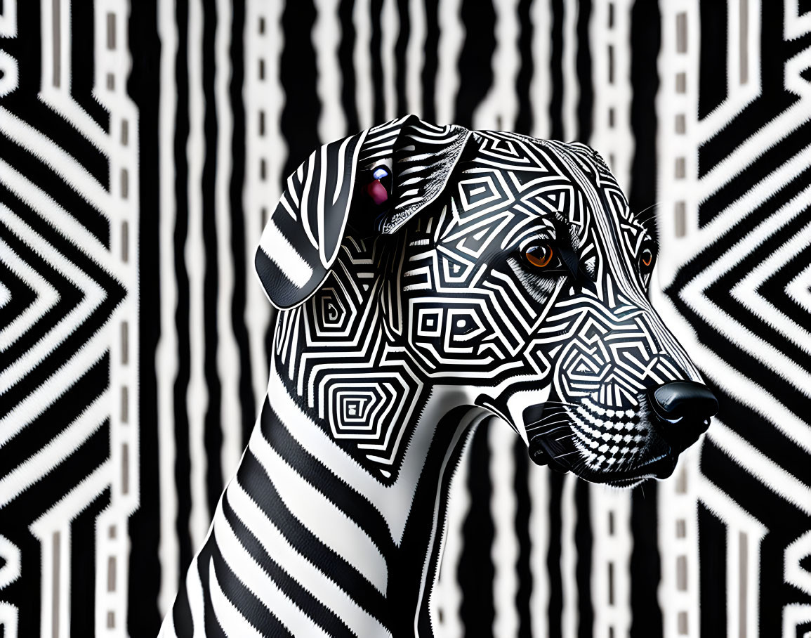 Monochrome patterned dog blending into background for a camouflage effect