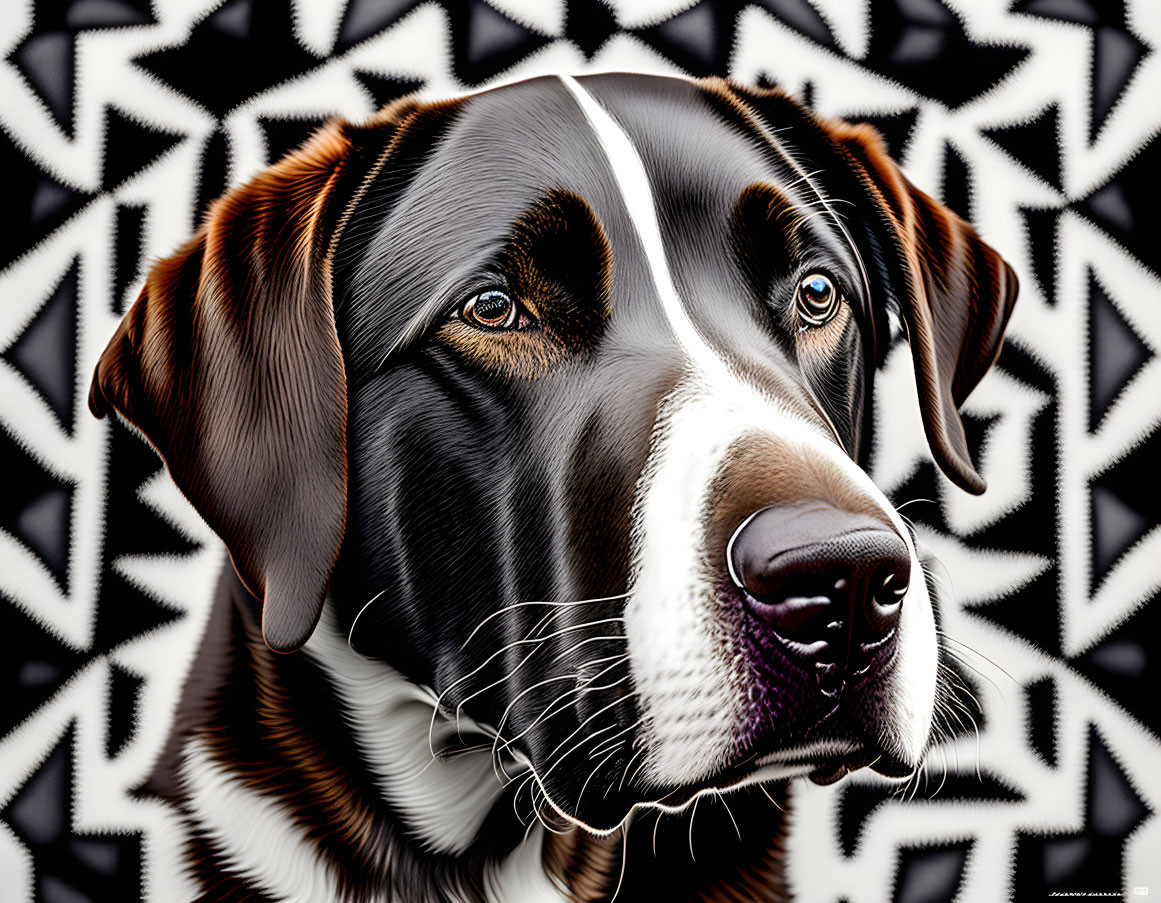 Detailed Brown and White Dog Against Geometric Background