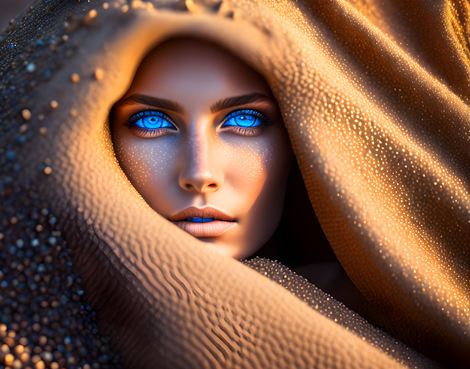 Woman with Striking Blue Eyes in Sparkling Golden Fabric