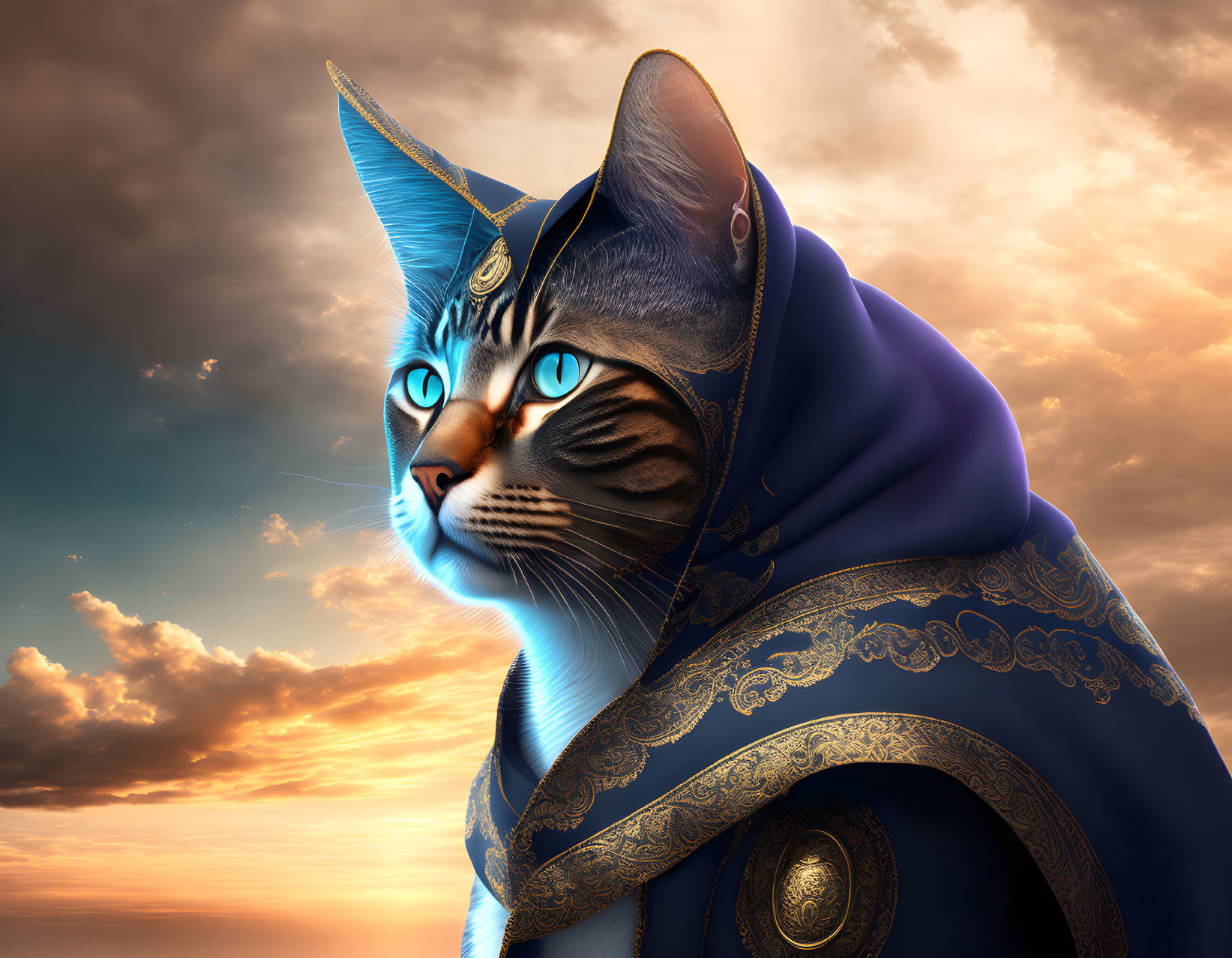 Majestic cat with blue eyes in ornate cloak and hat at sunset