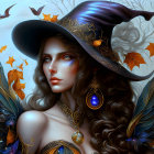 Fantasy portrait of a woman with feathered wings and autumn-themed attire