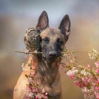 Whimsical portrait of a dog with furry ears, pink flowers, and bird