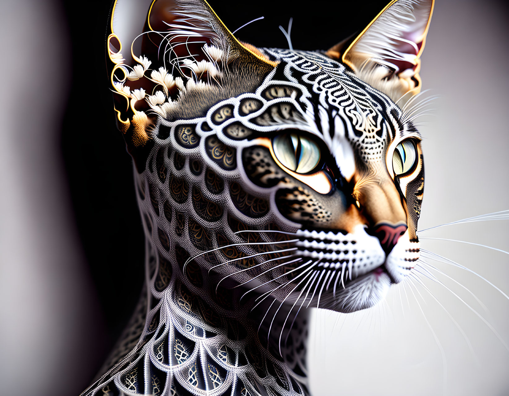 Detailed regal cat with ornate crown headgear.