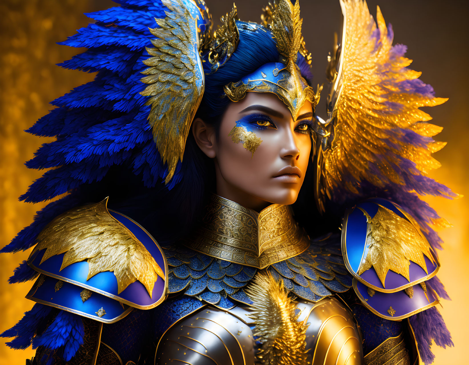 Fantasy warrior in blue and gold armor with feathered headdress