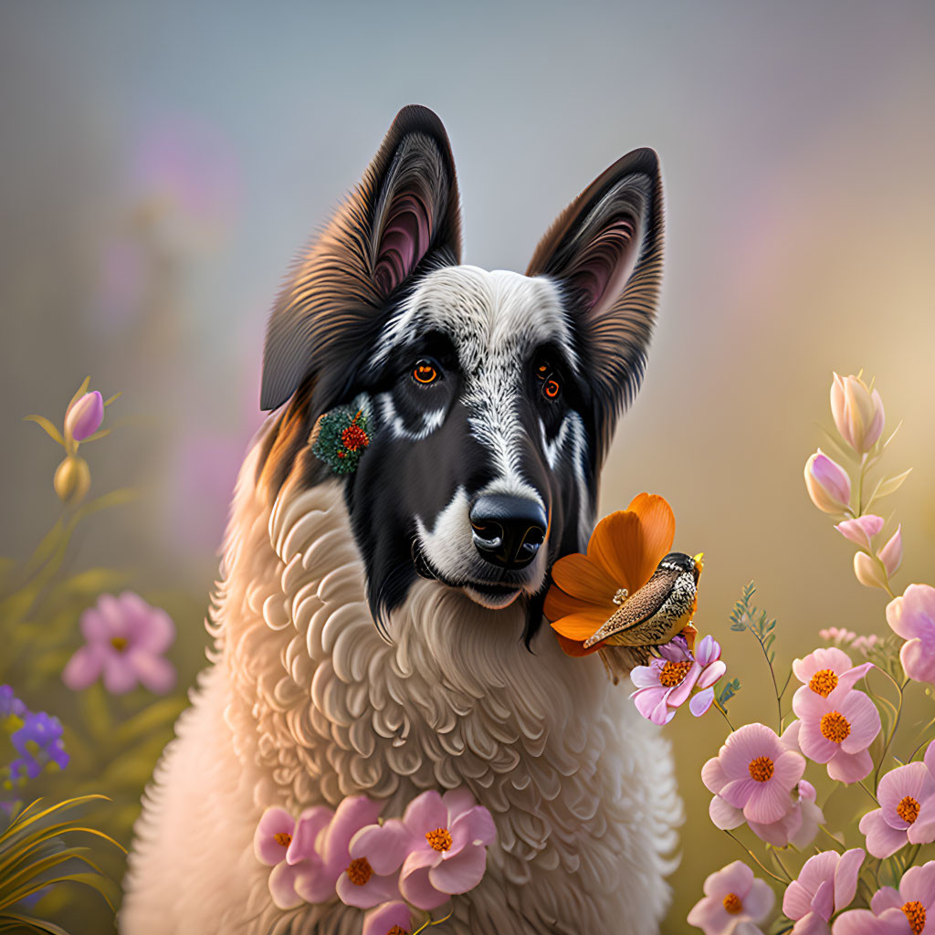 Whimsical portrait of a dog with furry ears, pink flowers, and bird