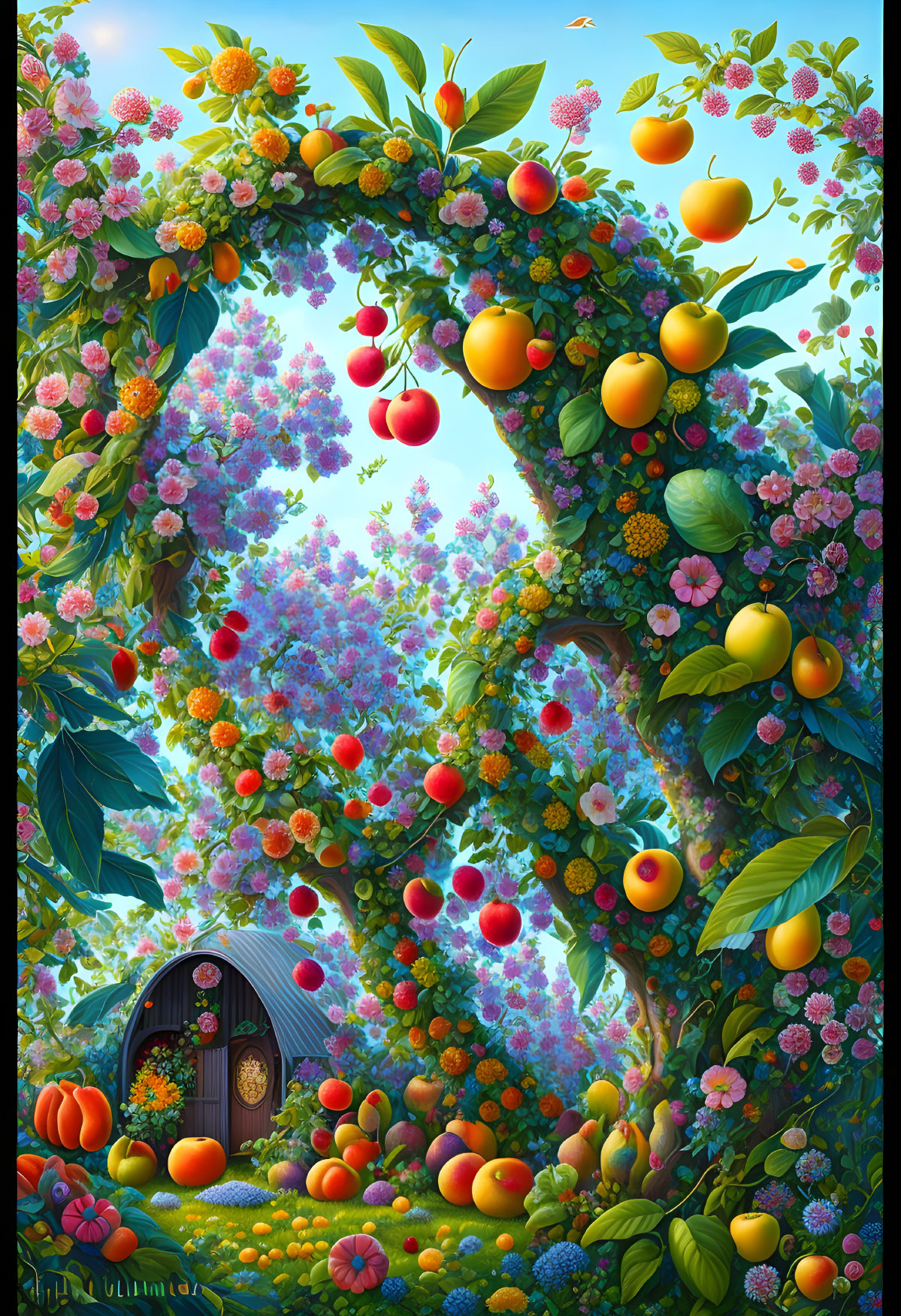 Colorful Blossoms and Fruits in Enchanted Garden with Wooden Door