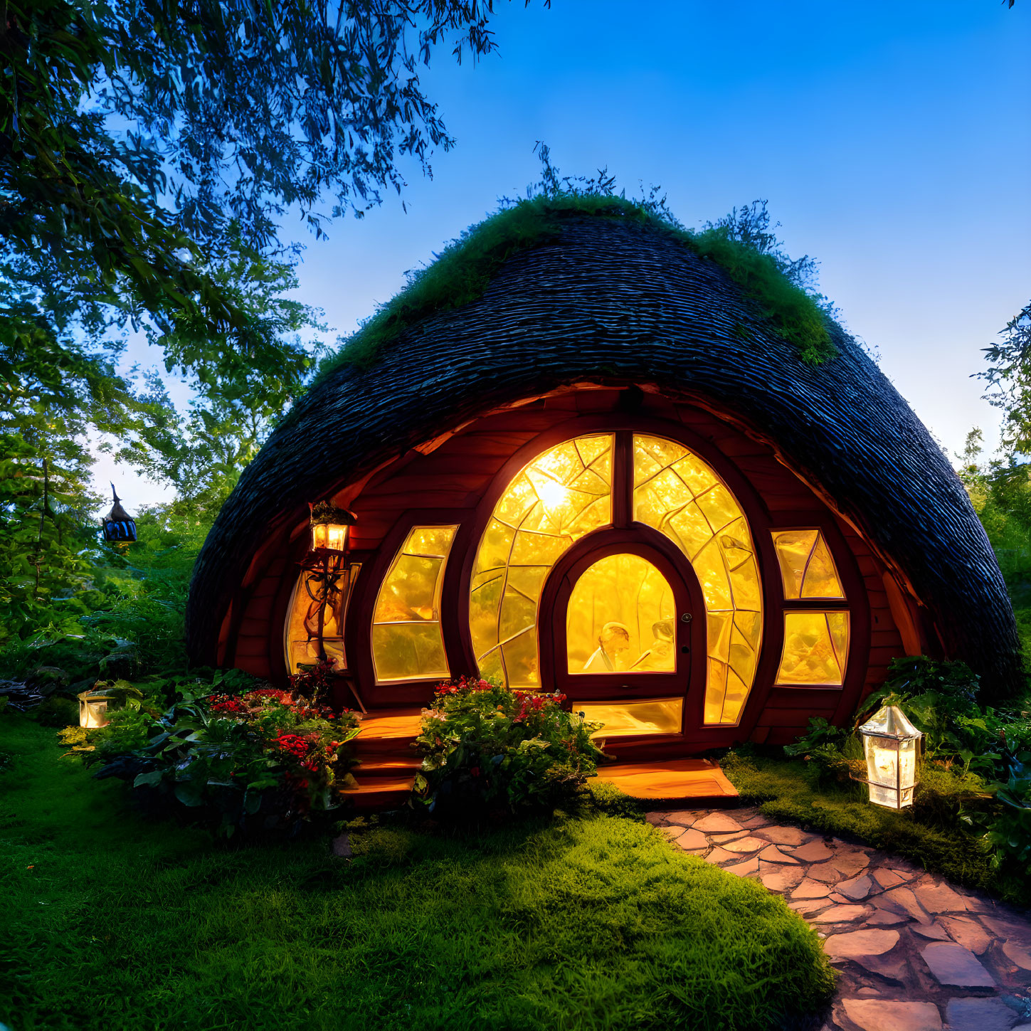 Thatched-Roof Cottage in Lush Garden at Twilight