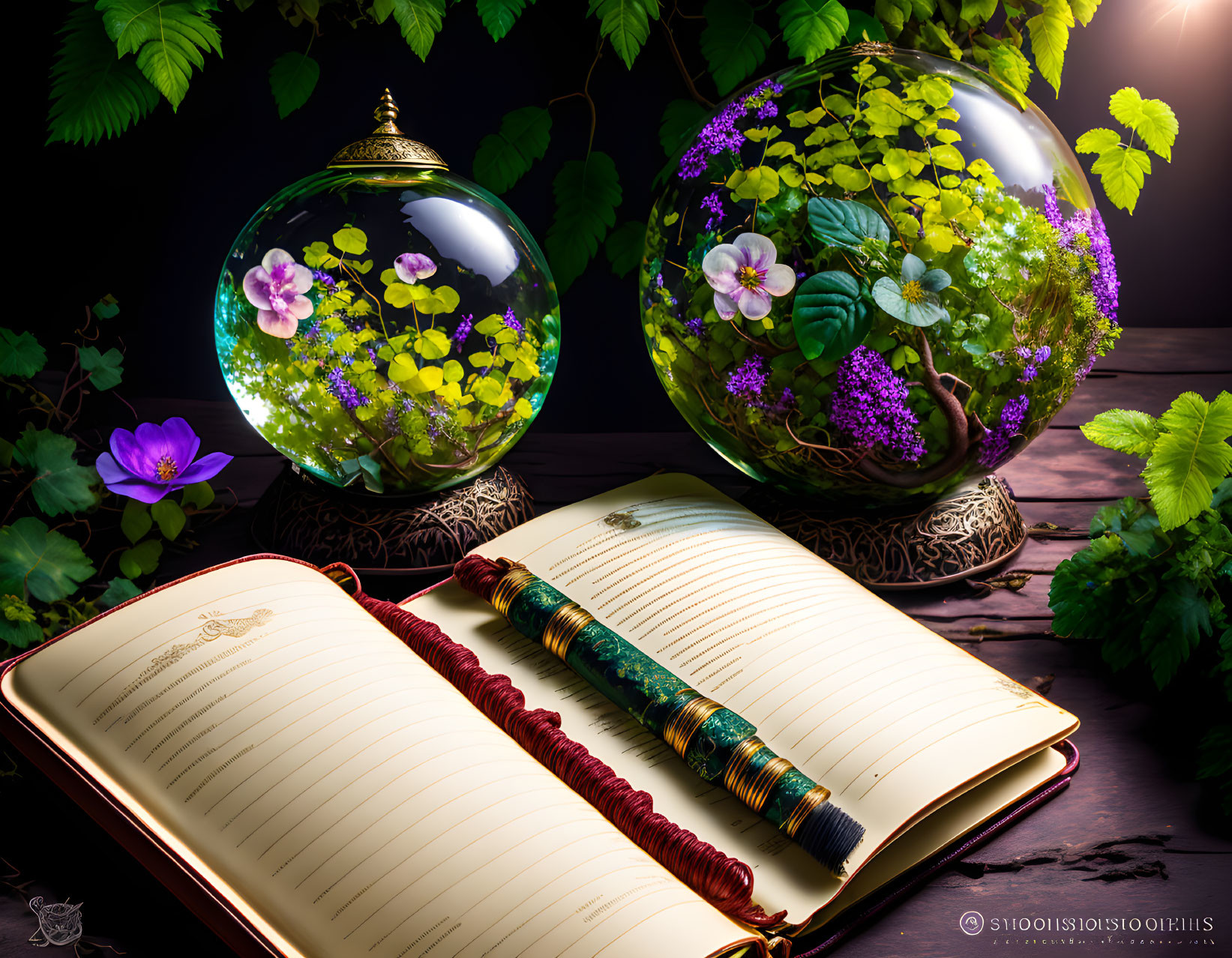 Decorative Pen Journal with Glass Orbs and Flowers on Wooden Surface