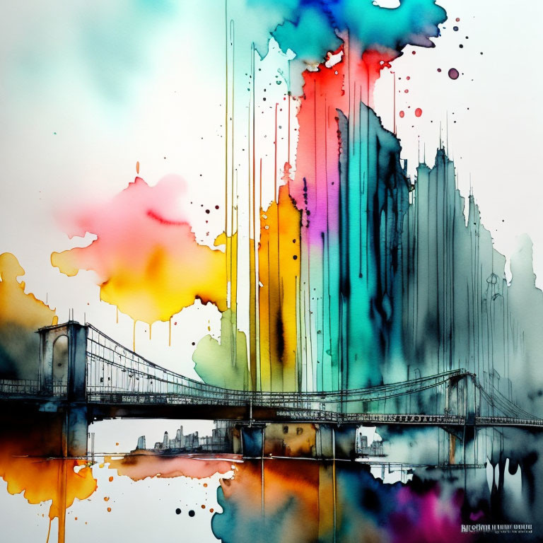 Vibrant Watercolor Splashes of Suspension Bridge and Skyline