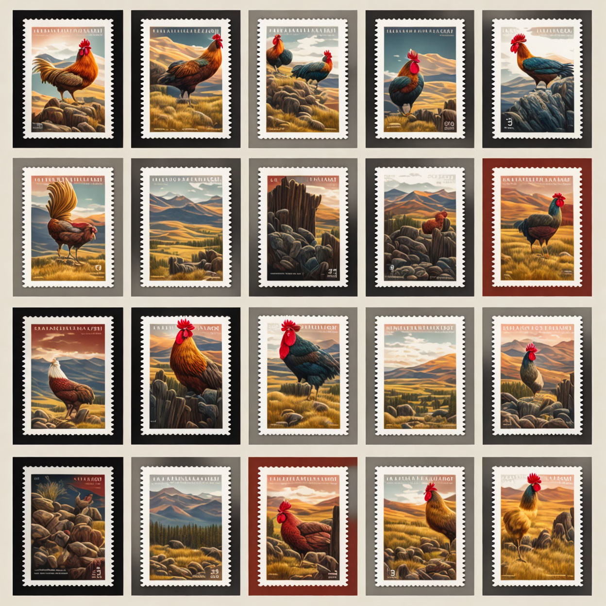 Assorted Rooster Stamp Designs on Farm Scenery Backgrounds