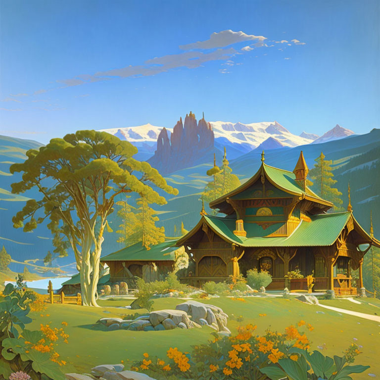 Traditional Wooden House in Lush Valley with Mountains and Blue Sky