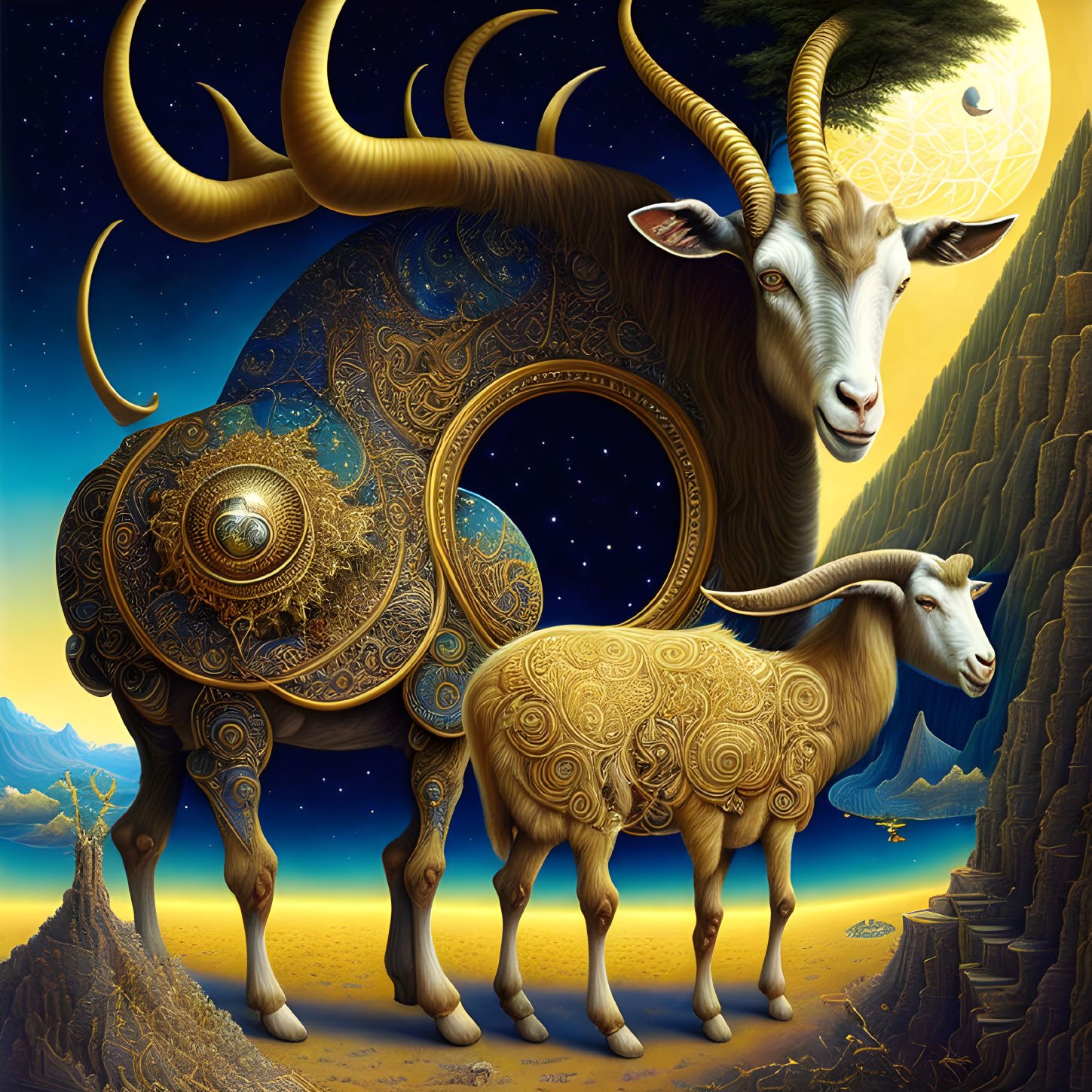 Fantastical image of celestial goats on starry night background