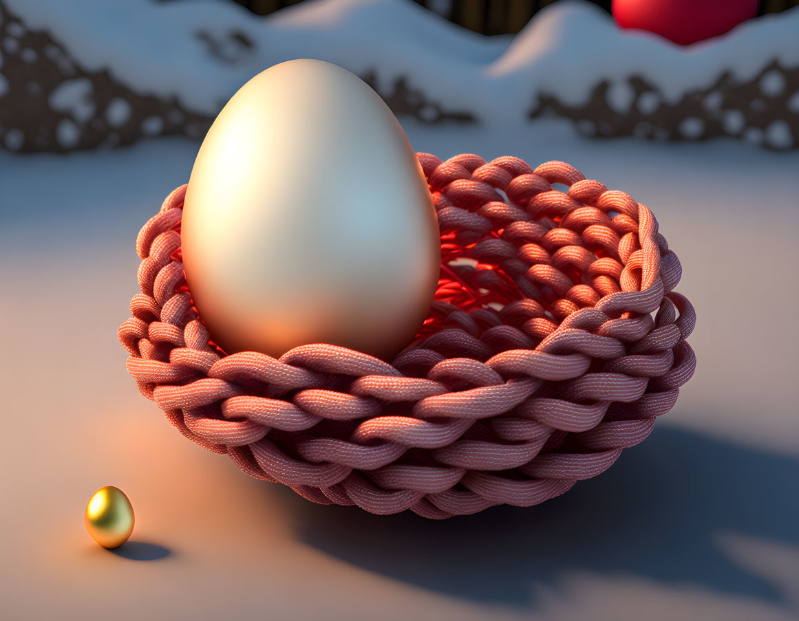 Large Egg in Woven Basket on Snowy Surface with Small Golden Egg