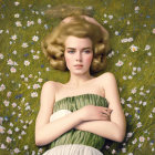 Blonde woman in green dress lying in daisy field