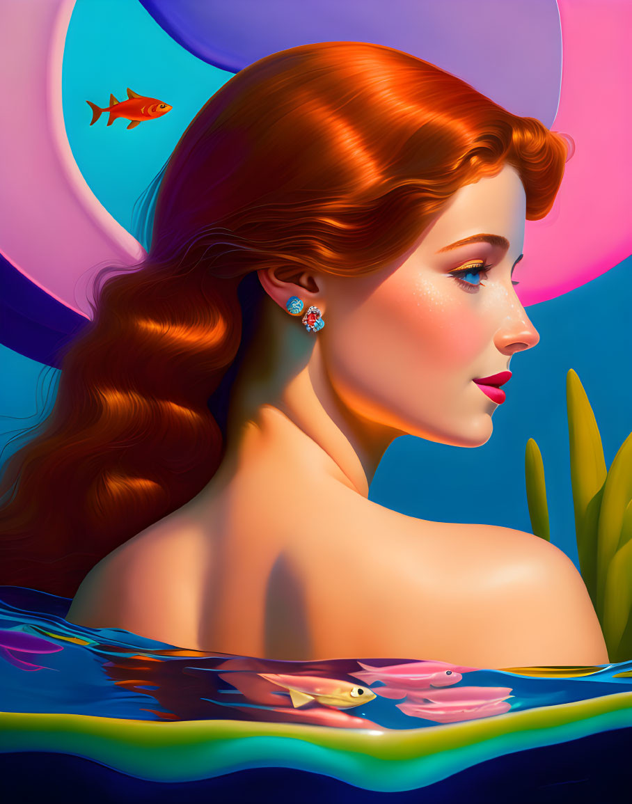 Colorful Illustration of Woman with Red Hair and Fish Reflections