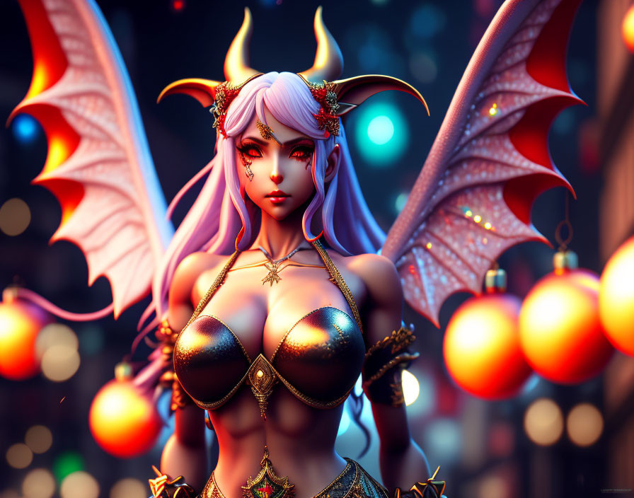 Fantasy female character with horns, wings, and golden armor in front of glowing red lanterns