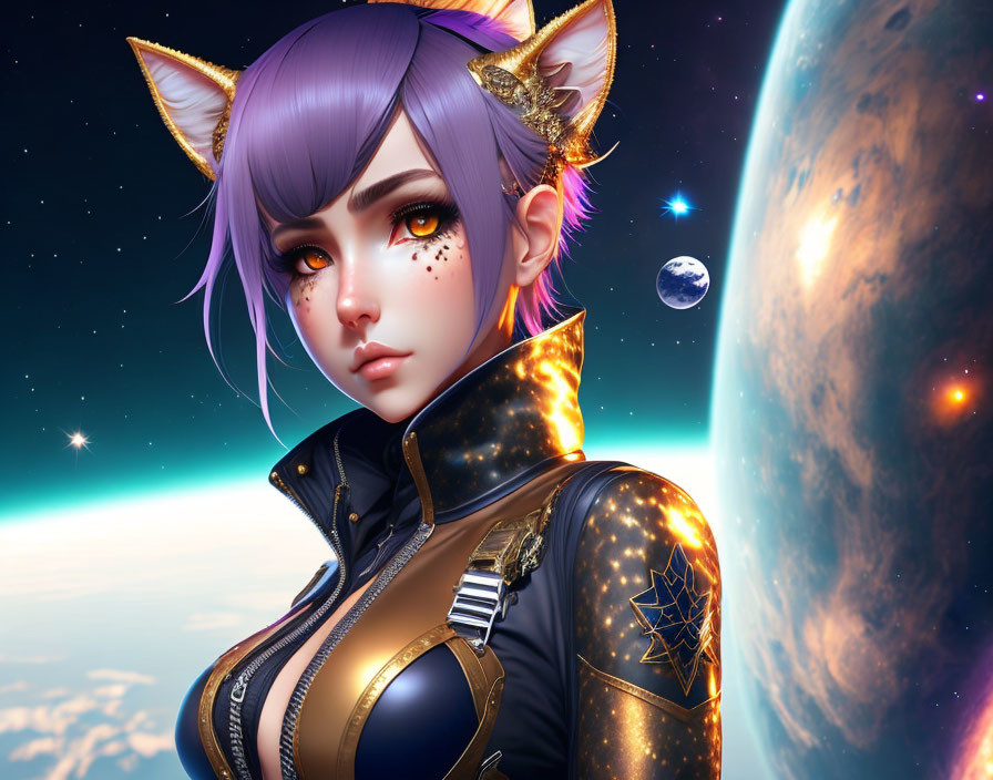 Digital artwork of female character with purple hair, cat ears, space-themed outfit, cosmic backdrop.