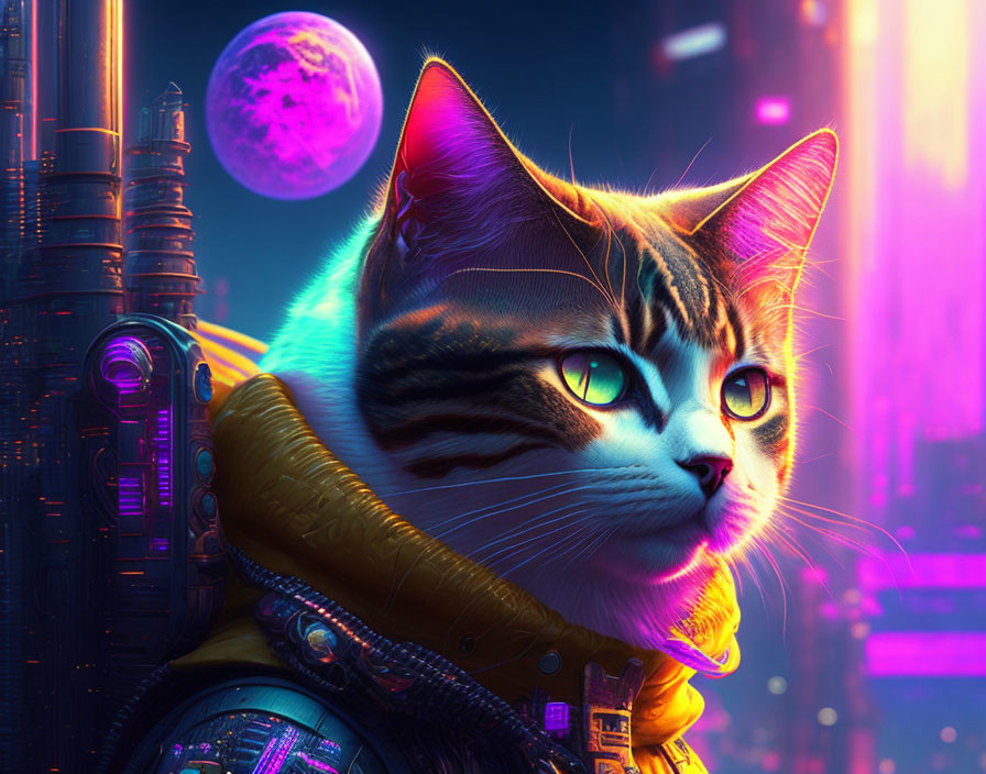 Tabby Cat in Yellow Jacket with Futuristic Cityscape and Purple Moon