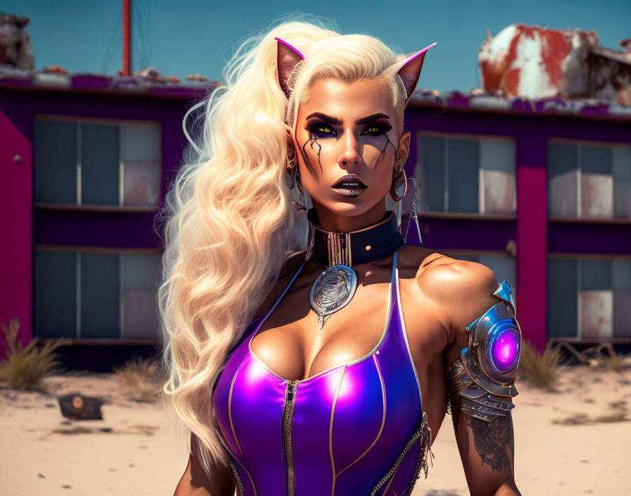 Blonde Futuristic Female Character with Pointed Ears in Metallic Purple Bodysuit and Robotic