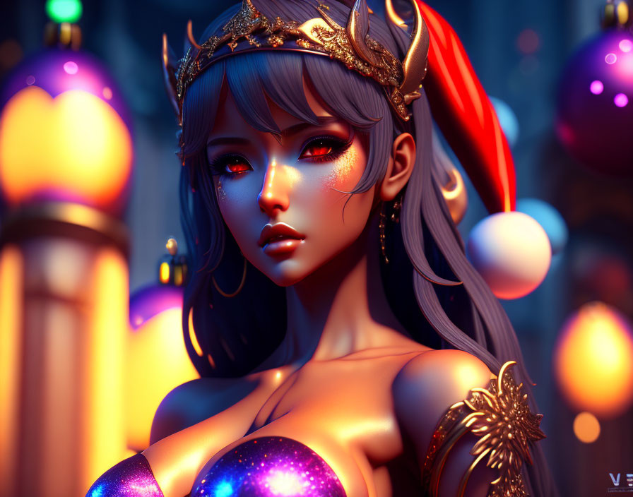 Stylized digital artwork of female character with crown, red horns, and golden shoulder armor