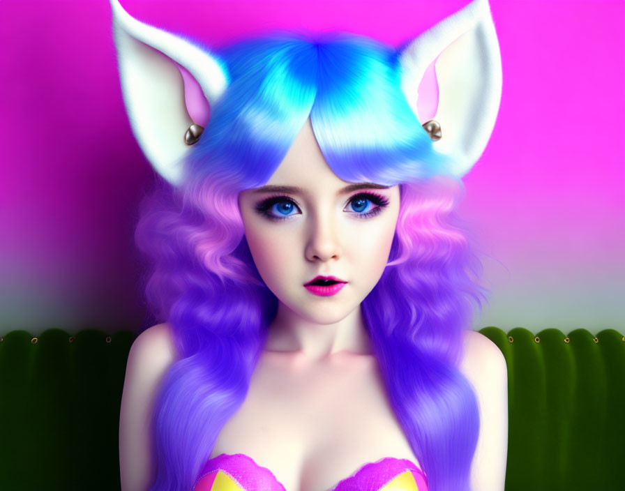 Blue and Purple Haired Animated Character with Cat Ears and Piercing Blue Eyes on Pink and Green