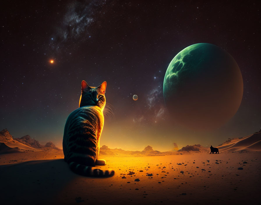 Two cats on desert terrain under starry sky with planet and moon.