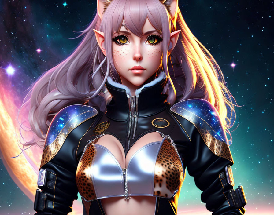 Elf-eared fantasy character in futuristic armor with leopard print, against cosmic starry backdrop with large planet