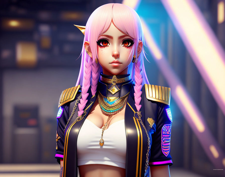 Digital artwork: Female character with pink hair, elf-like ears, gold jewelry, black jacket with neon