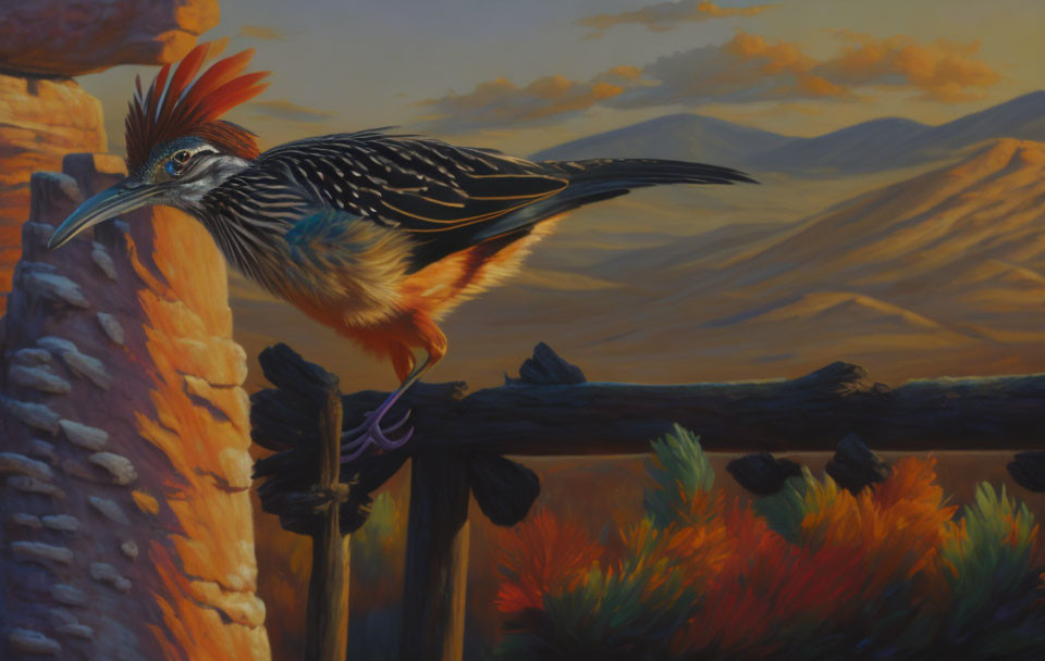 Vibrant roadrunner bird on fence with desert backdrop at sunset