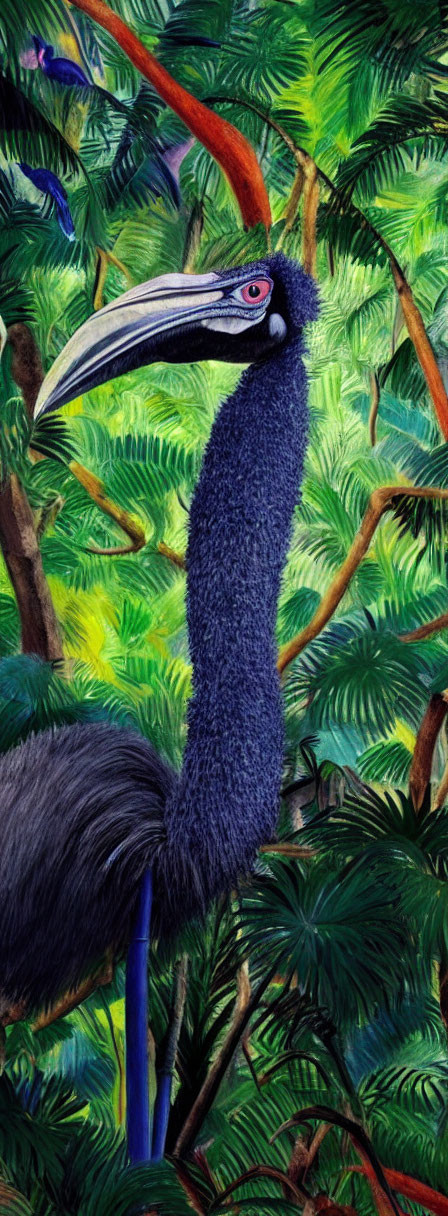 Colorful cassowary in lush green jungle with striking blue neck.