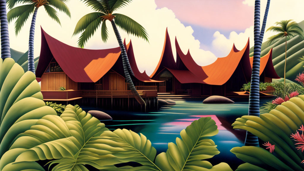 Tropical landscape with traditional stilt houses and palm trees at dusk or dawn