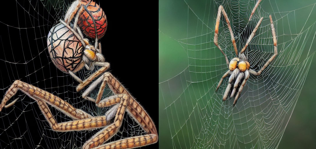 Detailed close-up images of spiders on webs with unique features.