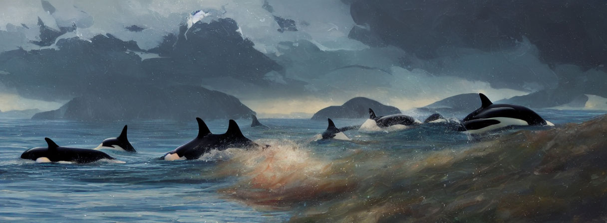 Orcas swimming near ocean surface with dramatic clouds and mountains