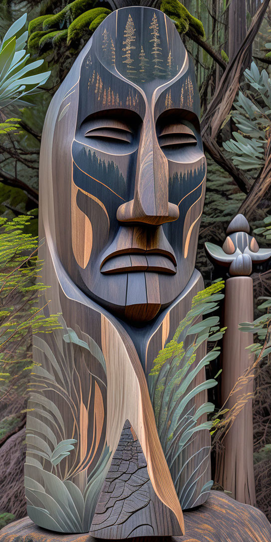 Stylized wooden face sculpture with nature motifs and real foliage backdrop