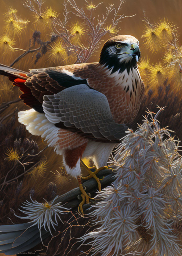 Detailed realistic illustration of majestic hawk on branch with golden foliage.