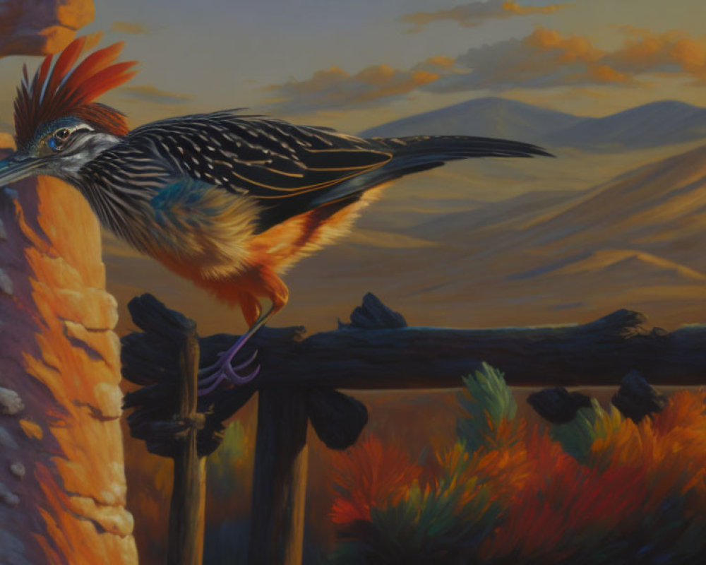 Vibrant roadrunner bird on fence with desert backdrop at sunset