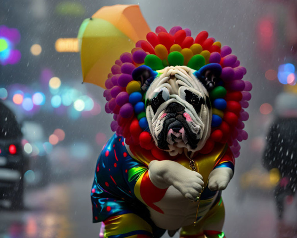 Colorful Bulldog Figurine in Raincoat with Umbrella on City Street