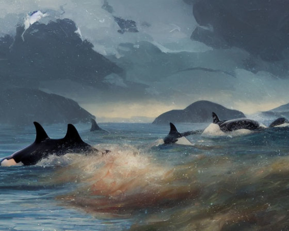 Orcas swimming near ocean surface with dramatic clouds and mountains