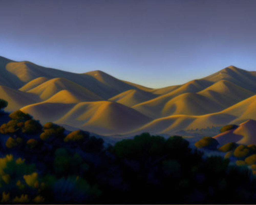 Twilight panoramic view of serene mountain backdrop and rolling hills