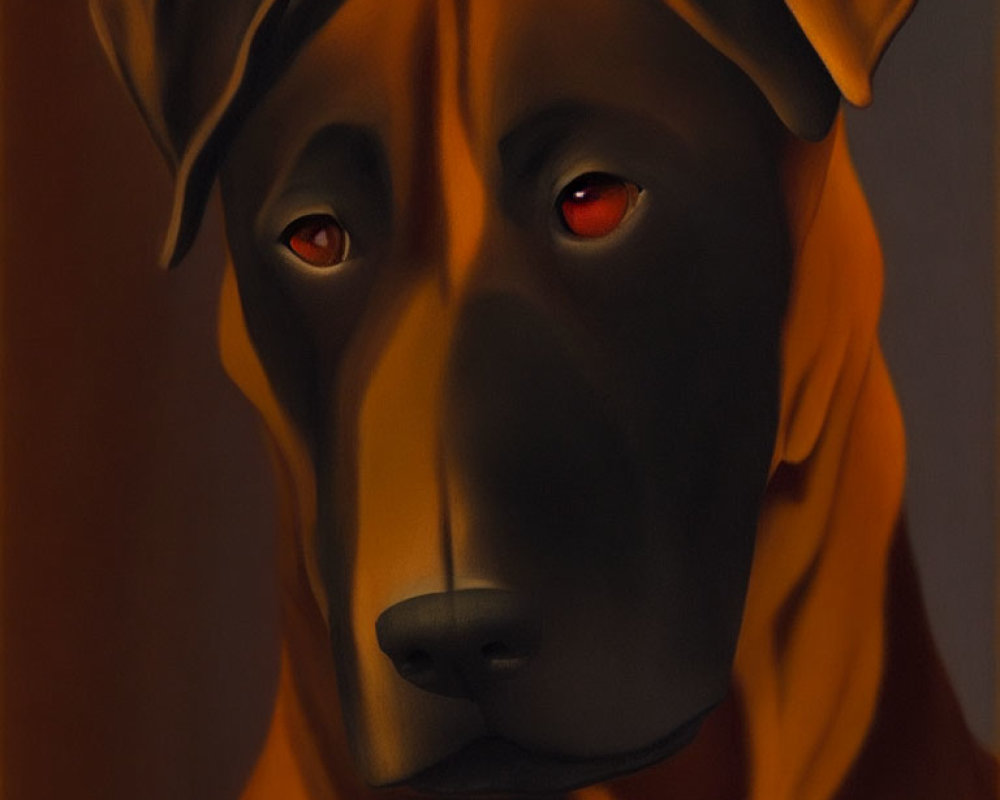 Illustration of a dog with somber red eyes in shadowy setting